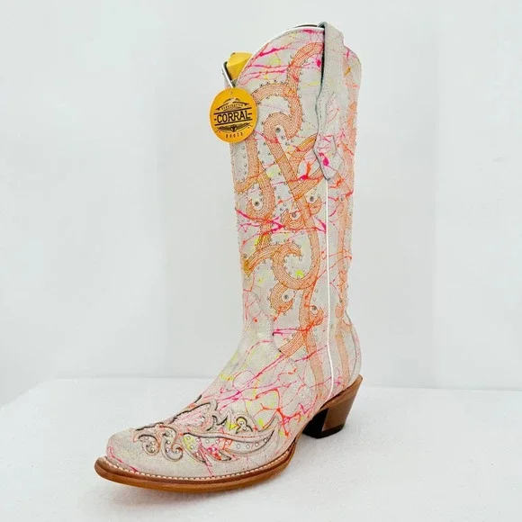 Corral Neon Multi Color Overlay Embroidery Studs Western Boots Size 7.5 NWOB - Picture 15 of 16